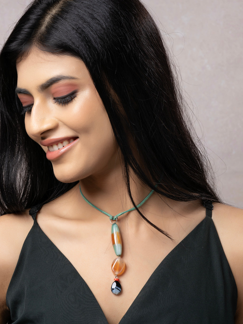 Semi Precious Brown Green Black Onyx Agate Sleek Necklace with adjustable Suede Cord LOOK AND ADORN - designed for you