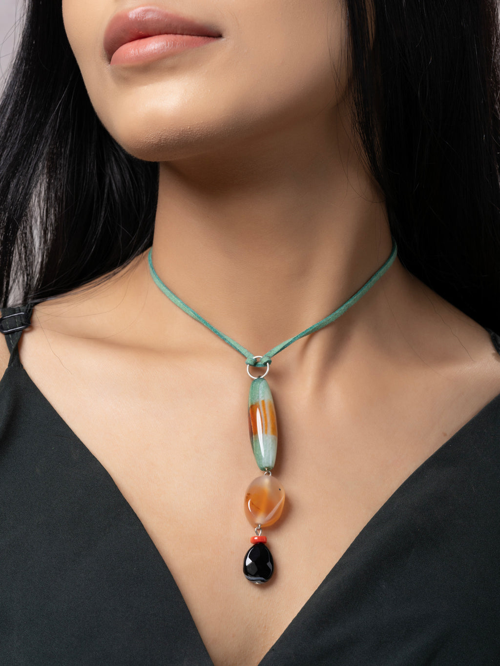 Semi Precious Brown Green Black Onyx Agate Sleek Necklace with adjustable Suede Cord LOOK AND ADORN - designed for you