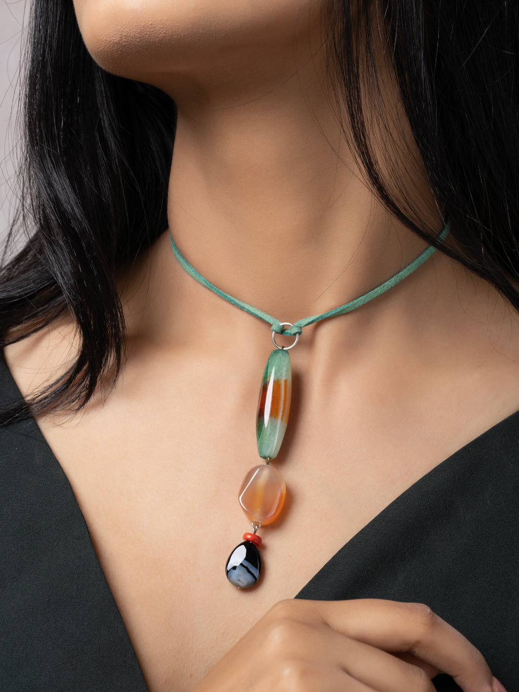 Semi Precious Brown Green Black Onyx Agate Sleek Necklace with adjustable Suede Cord LOOK AND ADORN - designed for you