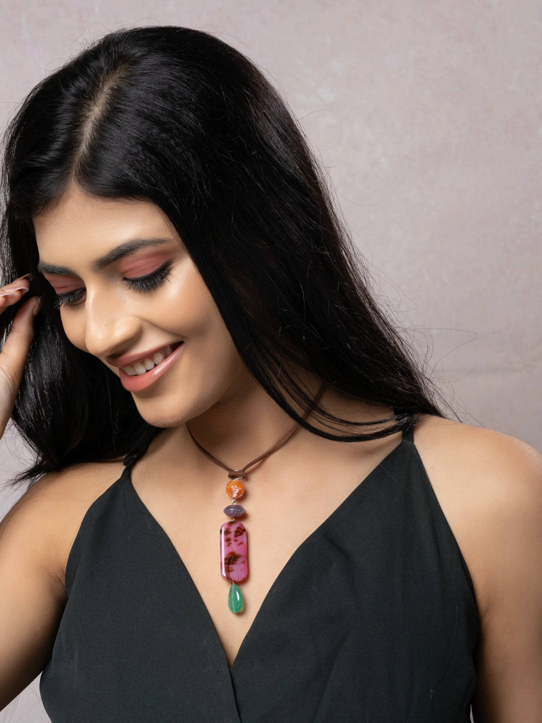 Semi Precious Pink Orange Green Onyx Jasper Agate Sleek necklace with adjustable Suede Cord LOOK AND ADORN - designed for you