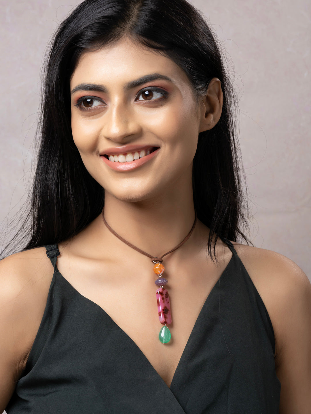 Semi Precious Pink Orange Green Onyx Jasper Agate Sleek necklace with adjustable Suede Cord LOOK AND ADORN - designed for you
