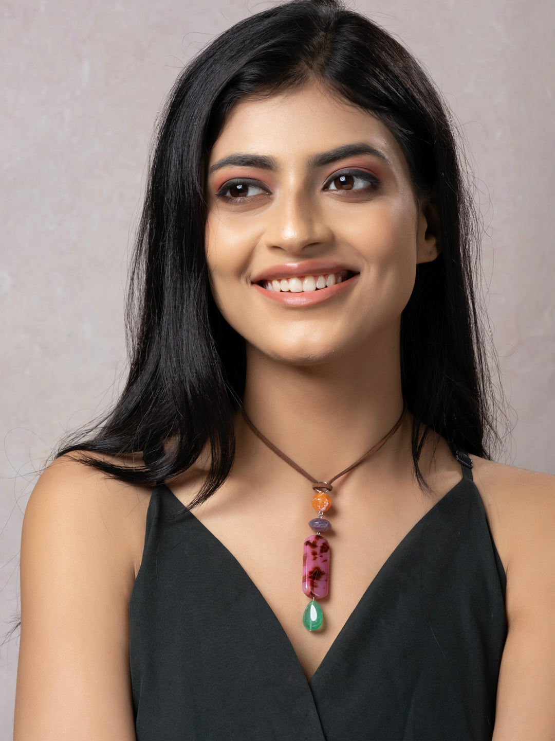 Semi Precious Pink Orange Green Onyx Jasper Agate Sleek necklace with adjustable Suede Cord LOOK AND ADORN - designed for you
