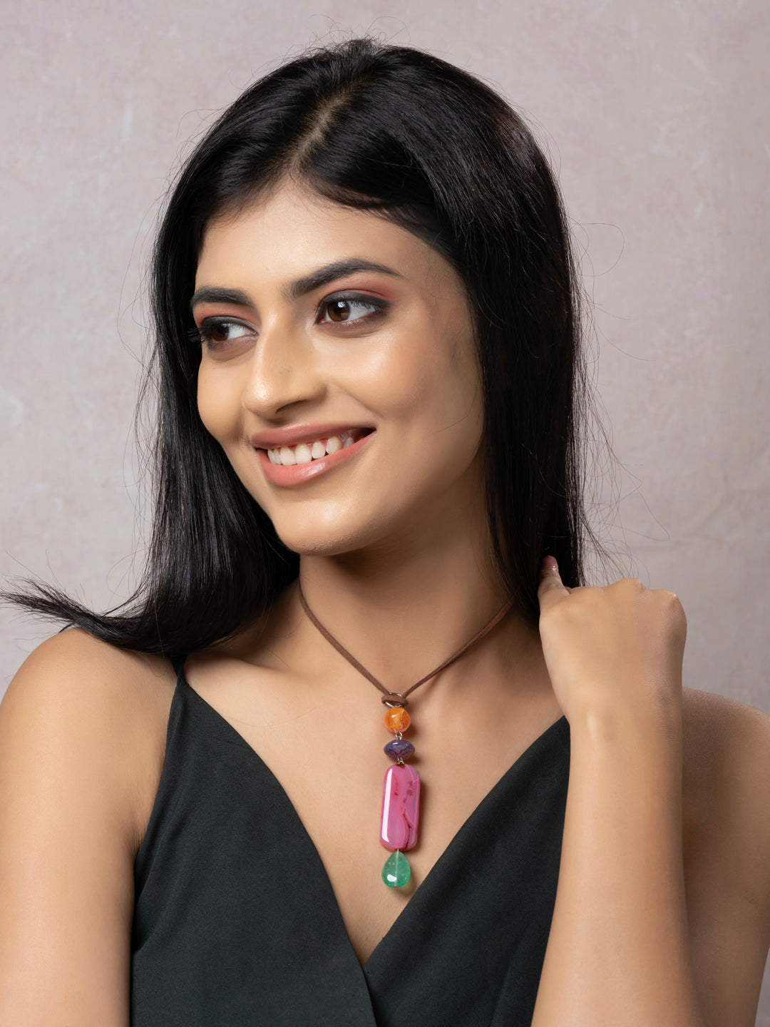 Semi Precious Pink Orange Green Onyx Jasper Agate Sleek necklace with adjustable Suede Cord LOOK AND ADORN - designed for you