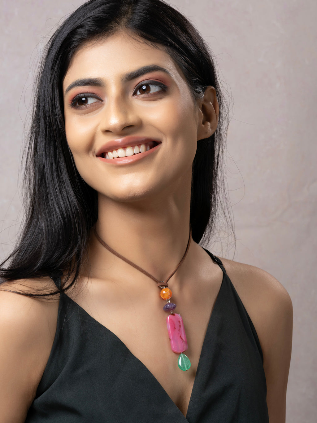 Semi Precious Pink Orange Green Onyx Jasper Agate Sleek necklace with adjustable Suede Cord LOOK AND ADORN - designed for you