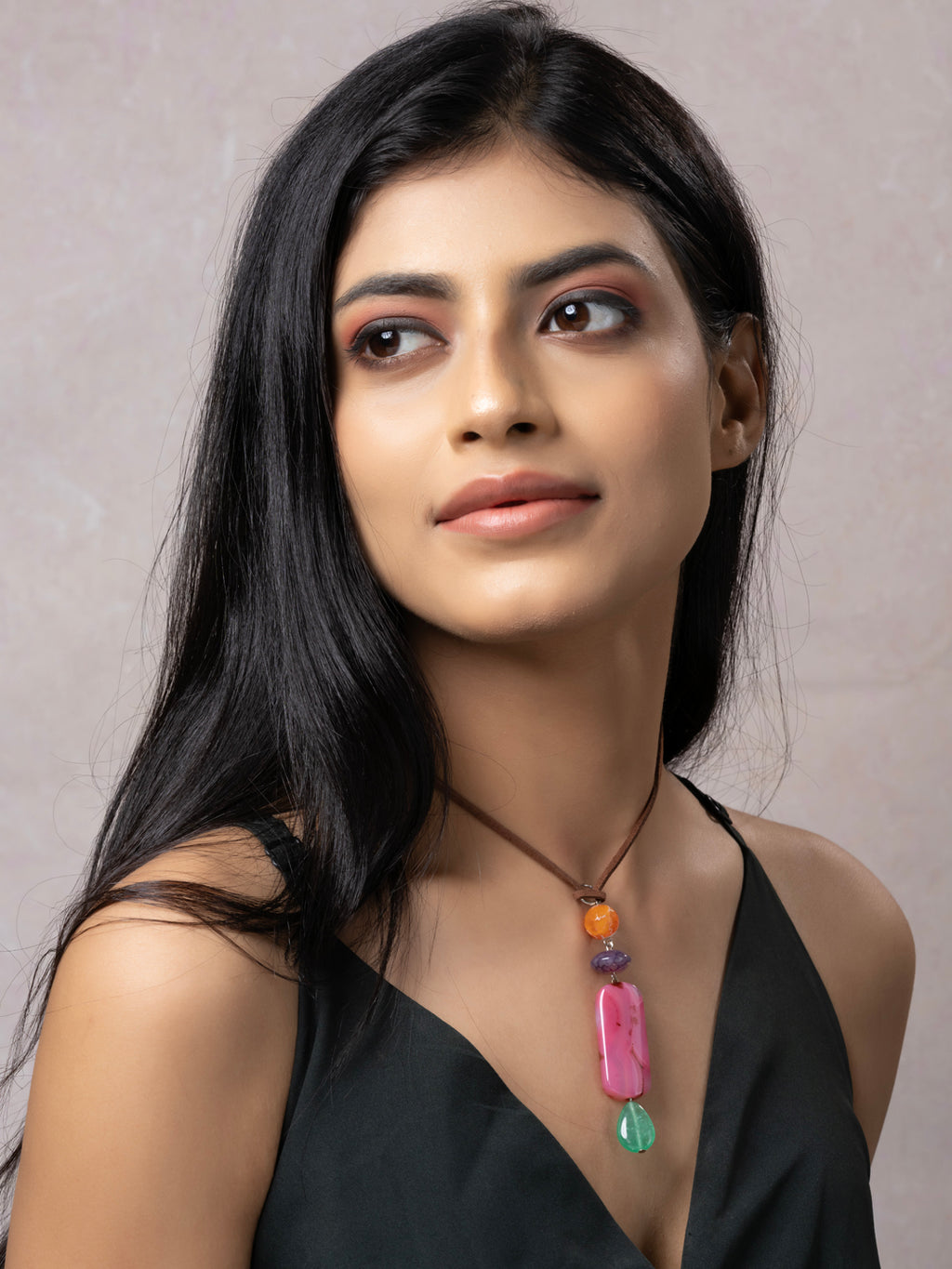 Semi Precious Pink Orange Green Onyx Jasper Agate Sleek necklace with adjustable Suede Cord LOOK AND ADORN - designed for you