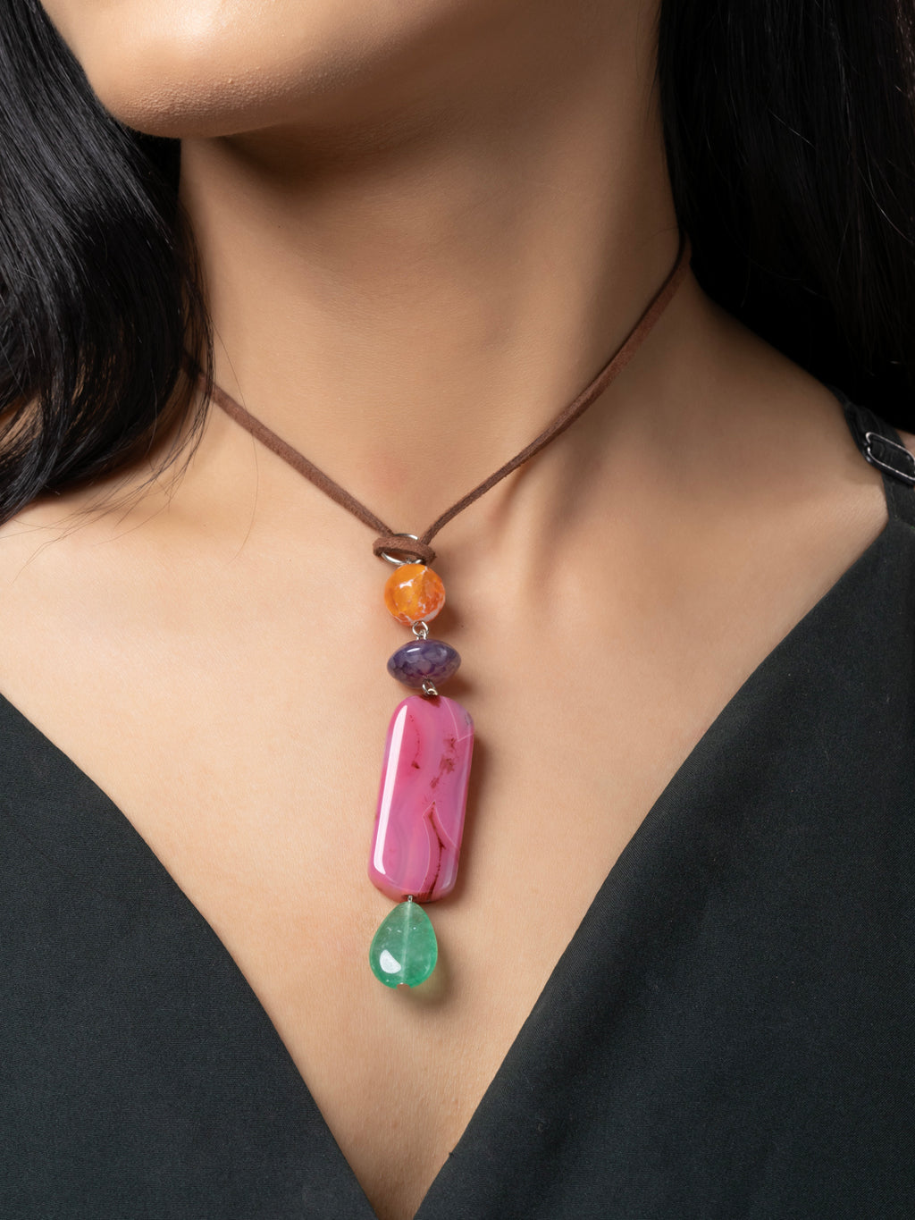 Semi Precious Pink Orange Green Onyx Jasper Agate Sleek necklace with adjustable Suede Cord LOOK AND ADORN - designed for you