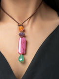 Semi Precious Pink Orange Green Onyx Jasper Agate Sleek necklace with adjustable Suede Cord LOOK AND ADORN - designed for you