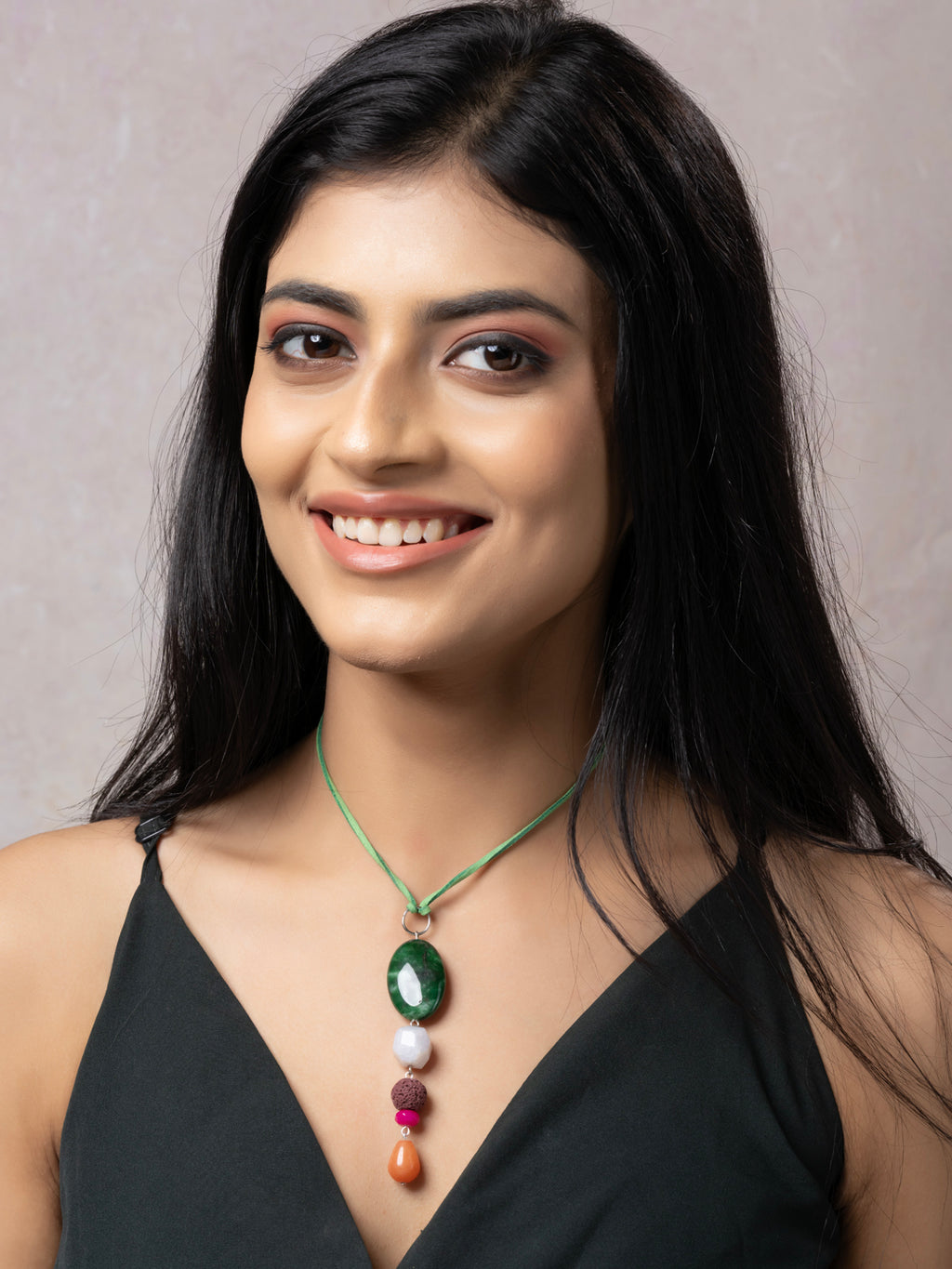 Semi Precious Green White Orange Onyx Agate Sleek Necklace with adjustable Suede Cord LOOK AND ADORN - designed for you