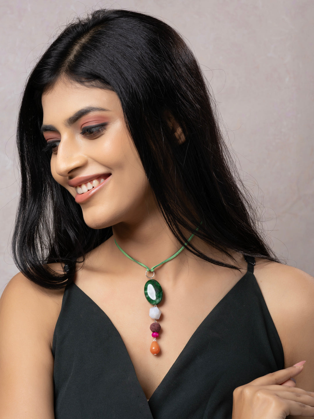 Semi Precious Green White Orange Onyx Agate Sleek Necklace with adjustable Suede Cord LOOK AND ADORN - designed for you