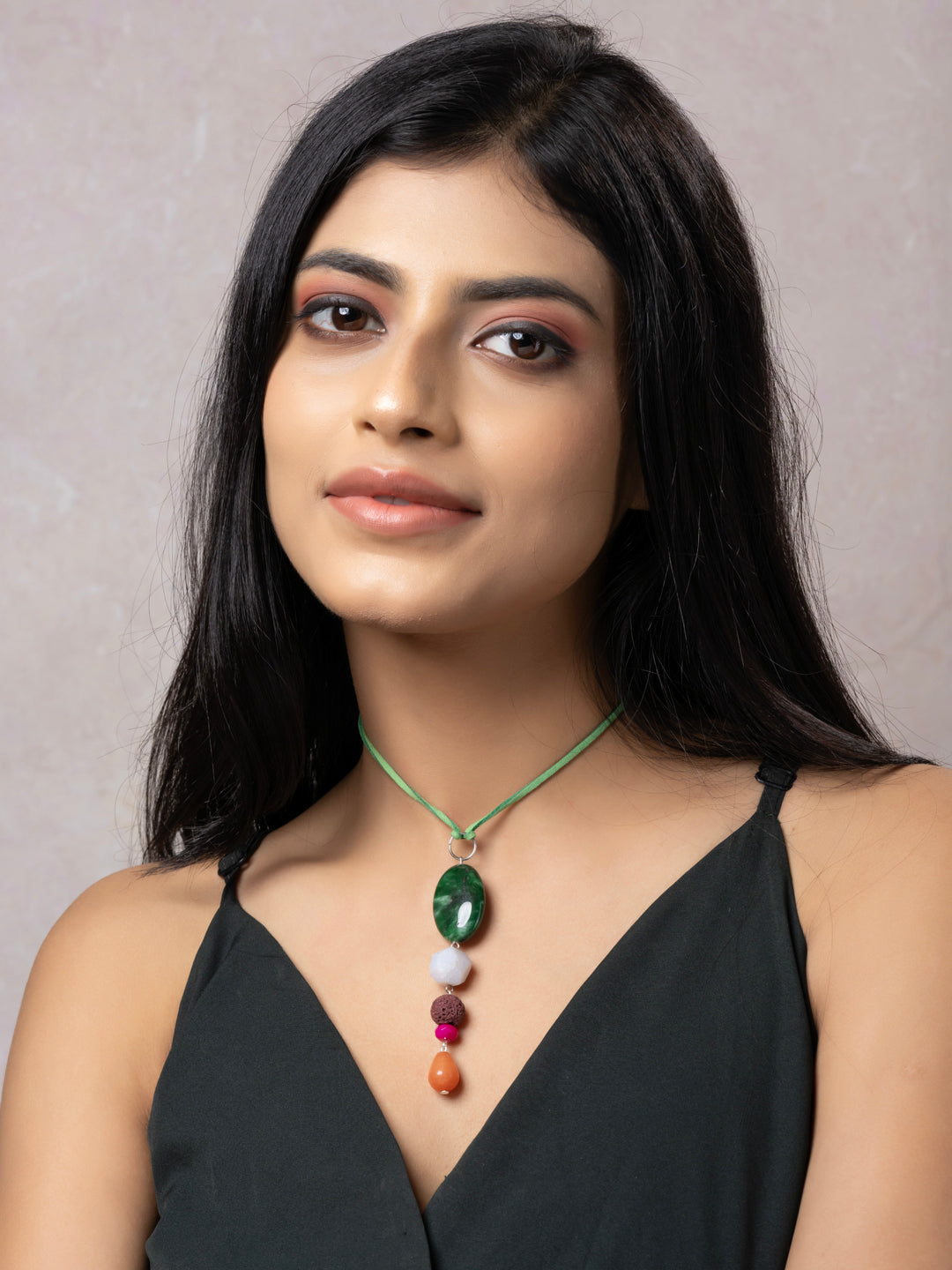 Semi Precious Green White Orange Onyx Agate Sleek Necklace with adjustable Suede Cord LOOK AND ADORN - designed for you