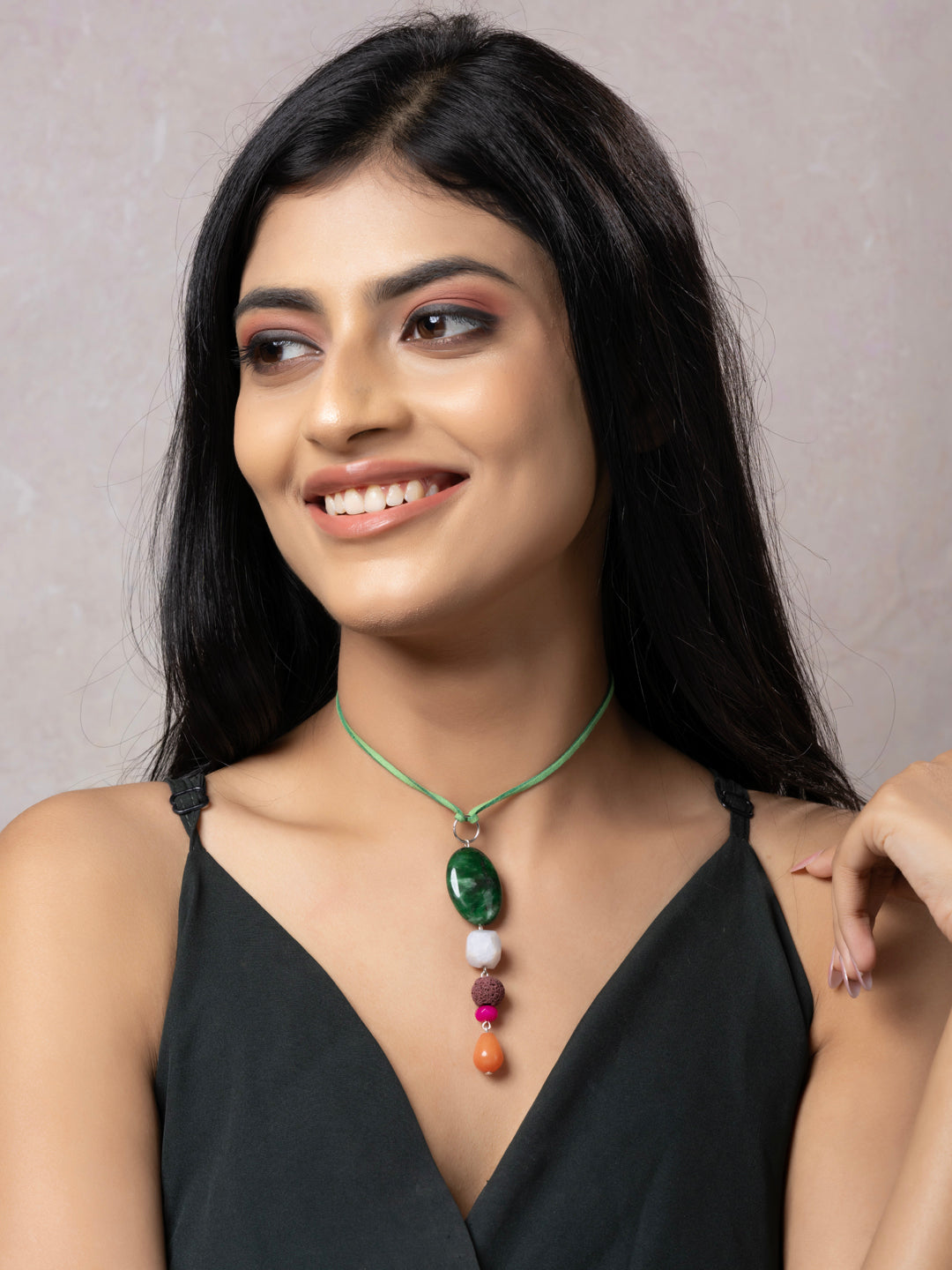 Semi Precious Green White Orange Onyx Agate Sleek Necklace with adjustable Suede Cord LOOK AND ADORN - designed for you