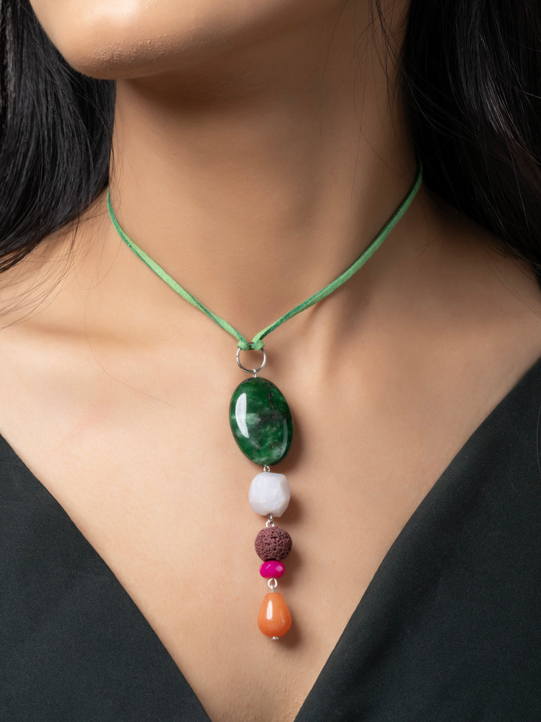 Chitai Bead Semi Precious Stone Pendant Necklace with Adjustable