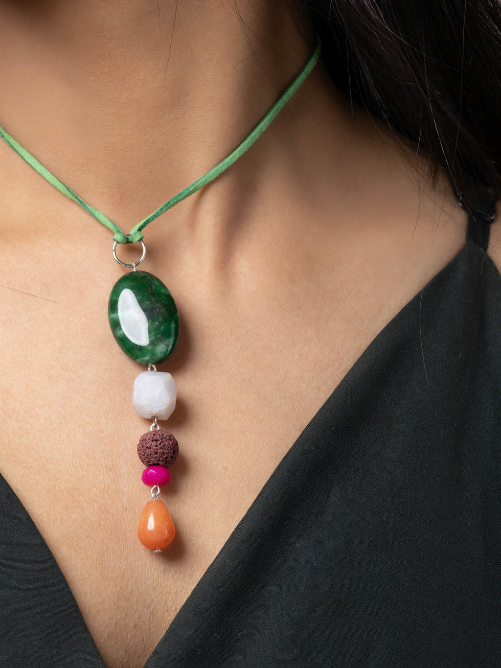 Semi Precious Green White Orange Onyx Agate Sleek Necklace with adjustable Suede Cord LOOK AND ADORN - designed for you