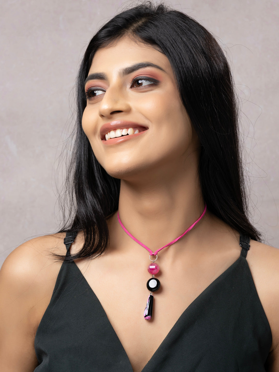 Semi Precious Black Pink Onyx Agate Sleek Necklace with adjustable Suede Cord LOOK AND ADORN - designed for you