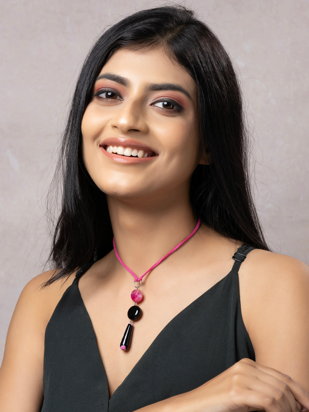 Semi Precious Black Pink Onyx Agate Sleek Necklace with adjustable Suede Cord LOOK AND ADORN - designed for you