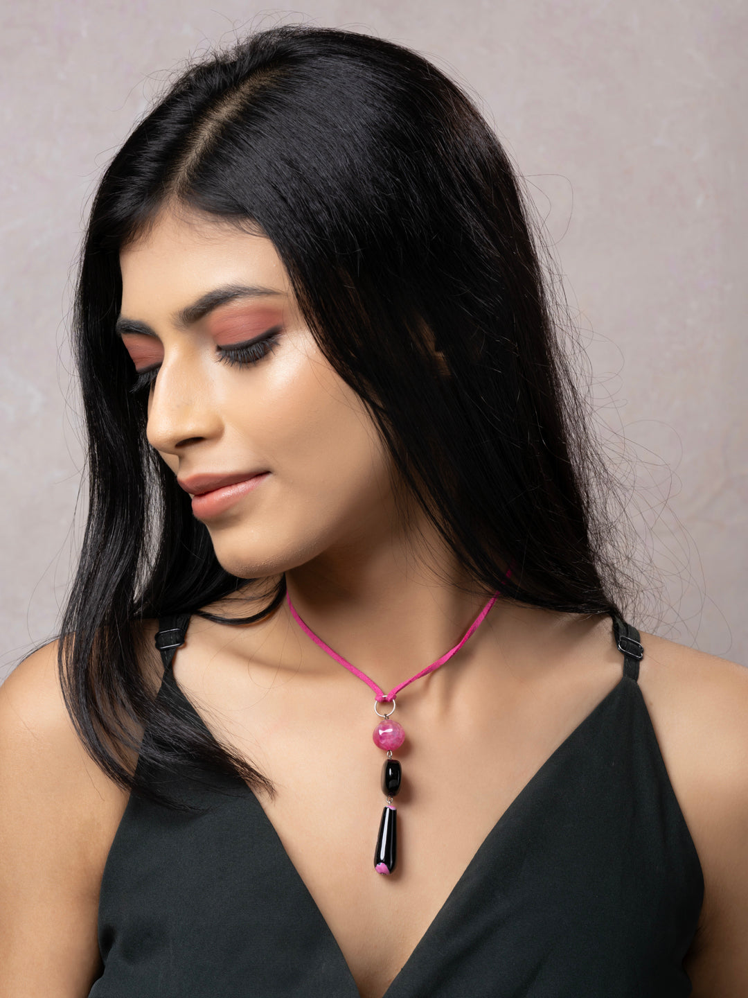 Semi Precious Black Pink Onyx Agate Sleek Necklace with adjustable Suede Cord LOOK AND ADORN - designed for you