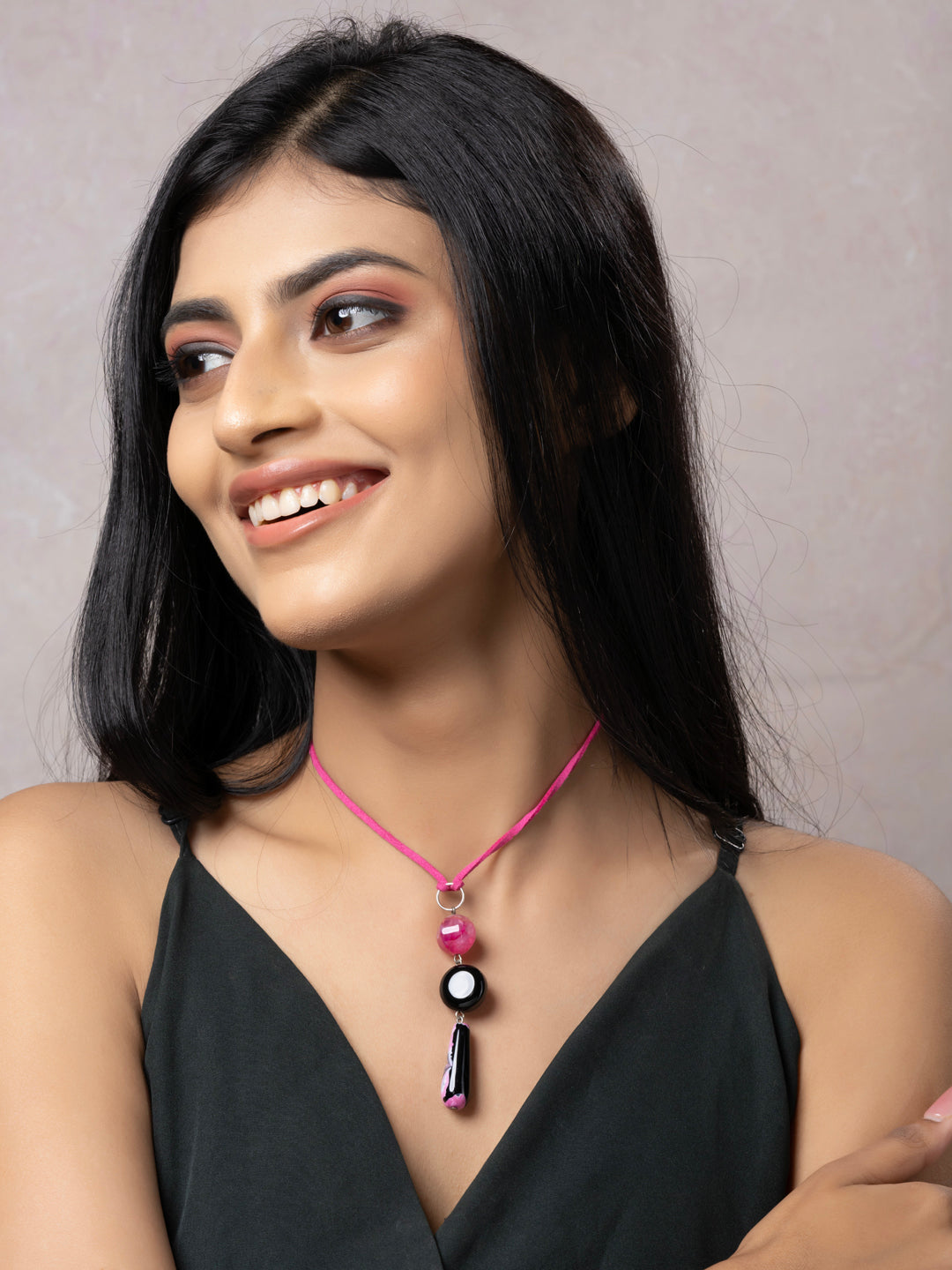 Semi Precious Black Pink Onyx Agate Sleek Necklace with adjustable Suede Cord LOOK AND ADORN - designed for you
