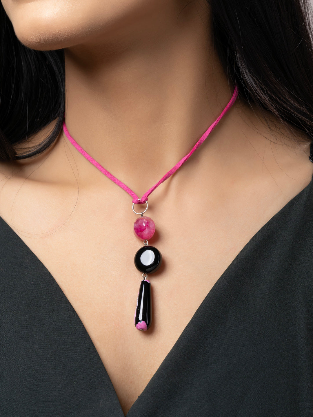 Semi Precious Black Pink Onyx Agate Sleek Necklace with adjustable Suede Cord LOOK AND ADORN - designed for you