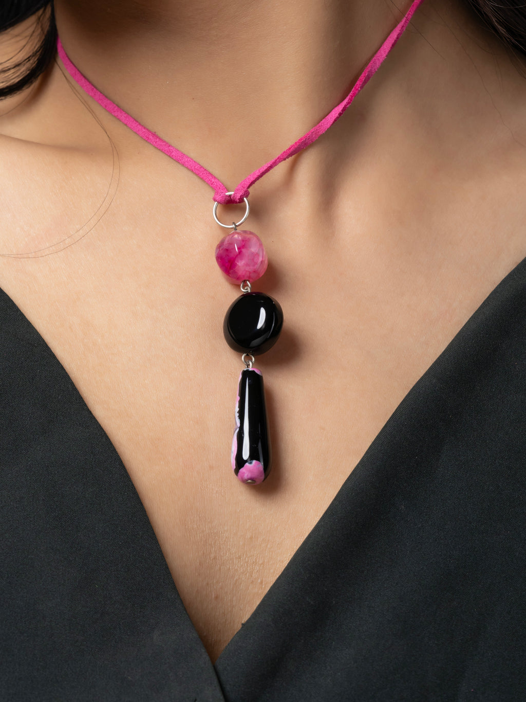 Semi Precious Black Pink Onyx Agate Sleek Necklace with adjustable Suede Cord LOOK AND ADORN - designed for you