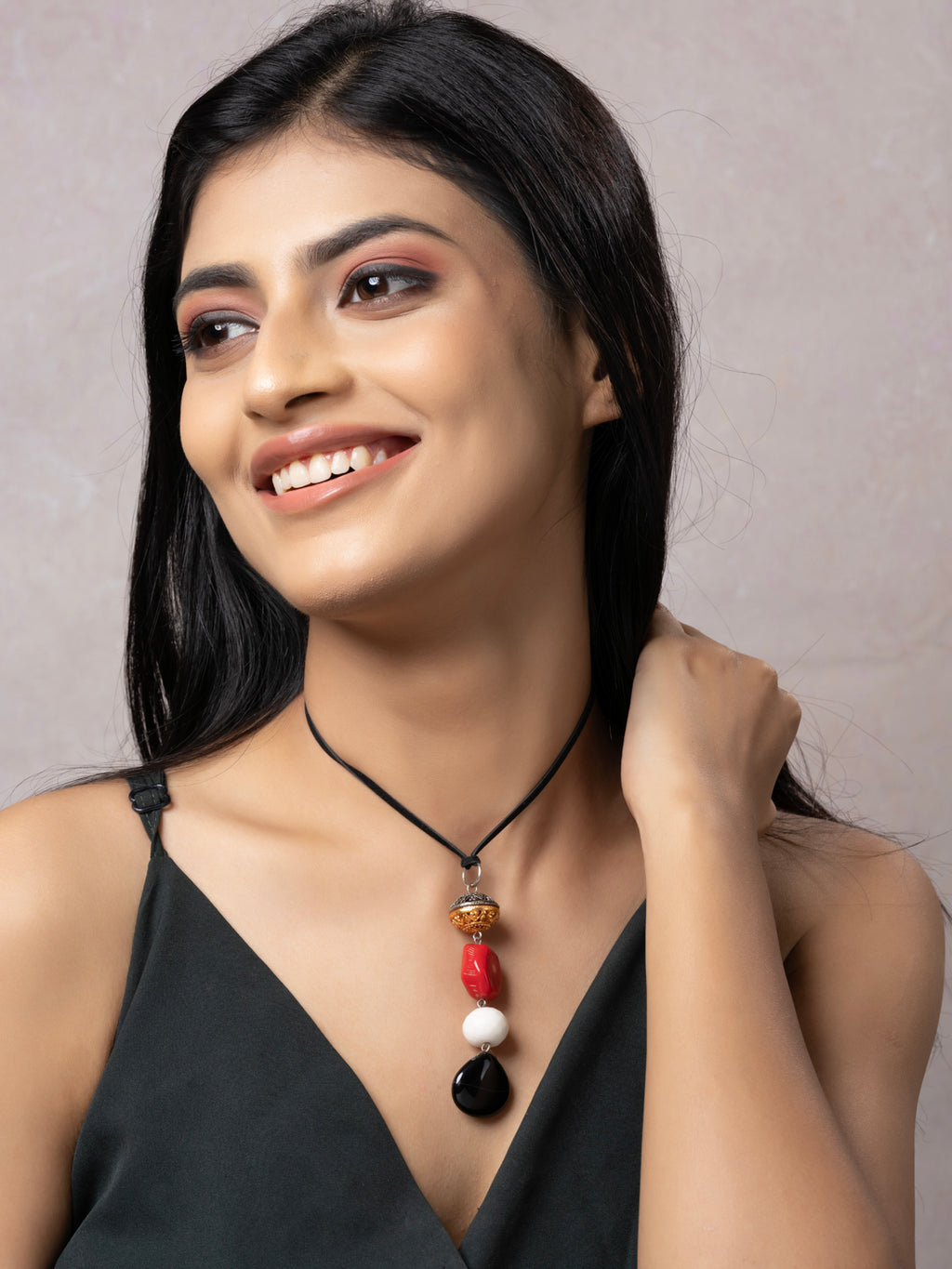 Semi Precious Black White Red Onyx Agate Coral Agate Duel tone Sleek necklace with adjustable Suede Cord LOOK AND ADORN - designed for you