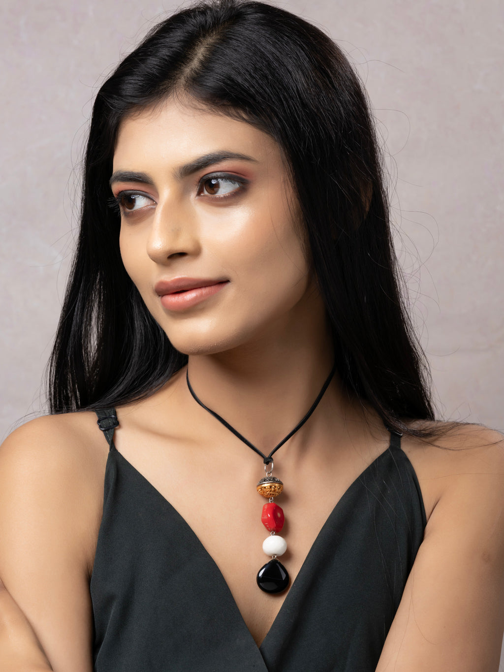 Semi Precious Black White Red Onyx Agate Coral Agate Duel tone Sleek necklace with adjustable Suede Cord LOOK AND ADORN - designed for you