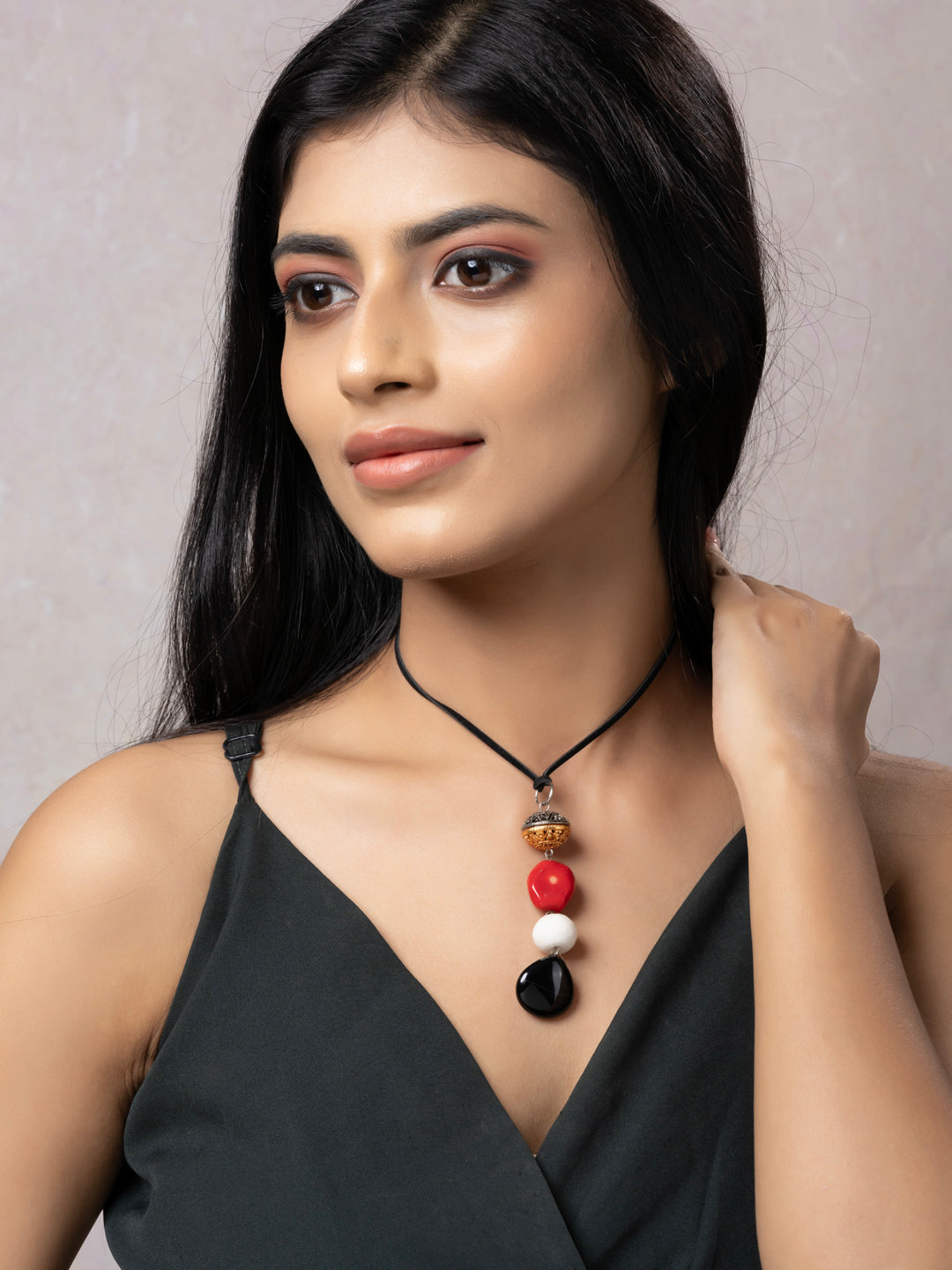 Semi Precious Black White Red Onyx Agate Coral Agate Duel tone Sleek necklace with adjustable Suede Cord LOOK AND ADORN - designed for you