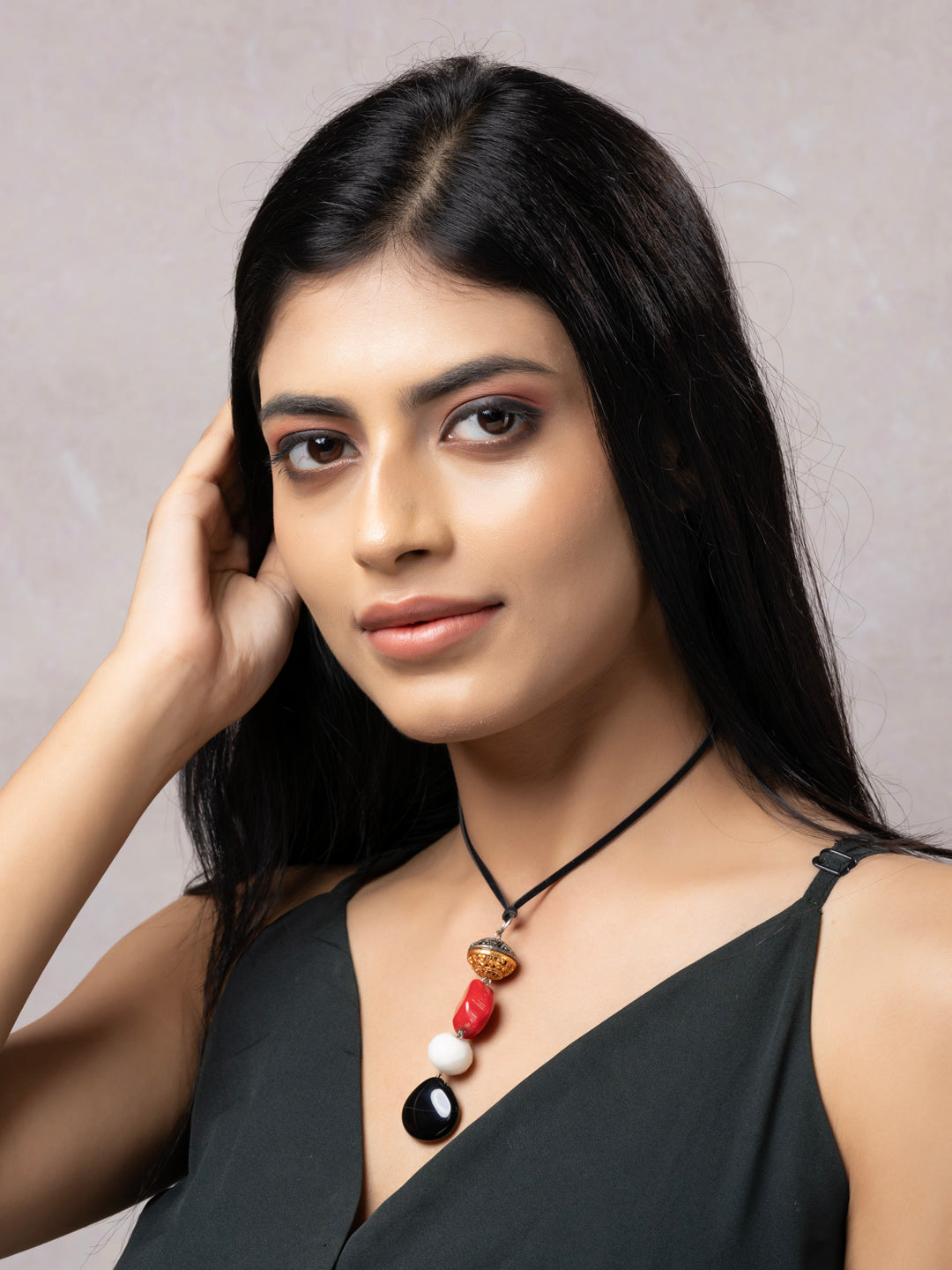 Semi Precious Black White Red Onyx Agate Coral Agate Duel tone Sleek necklace with adjustable Suede Cord LOOK AND ADORN - designed for you