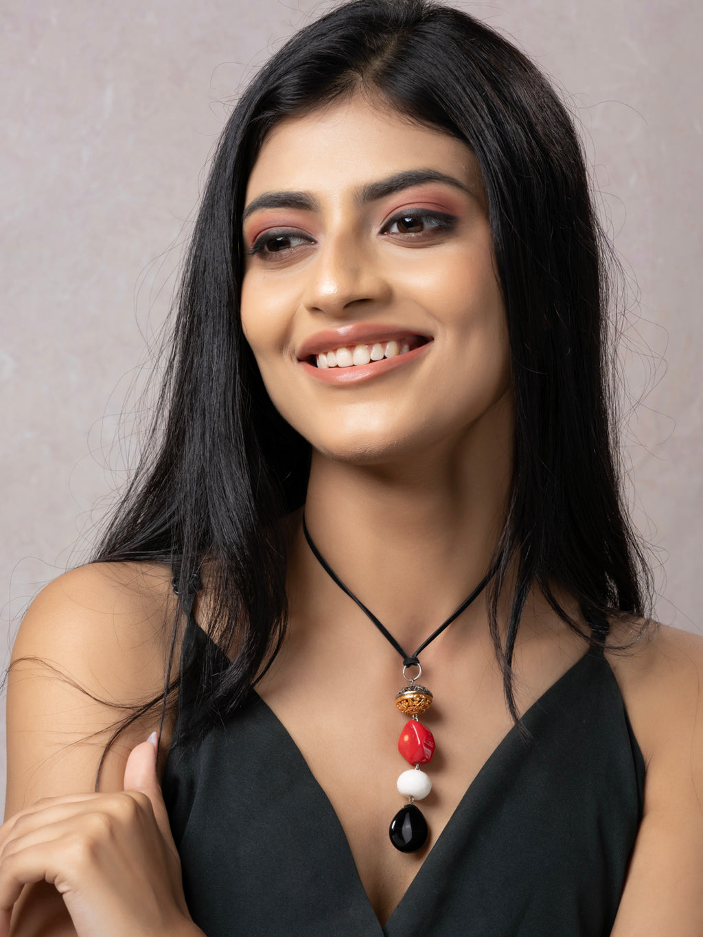 Semi Precious Black White Red Onyx Agate Coral Agate Duel tone Sleek necklace with adjustable Suede Cord LOOK AND ADORN - designed for you