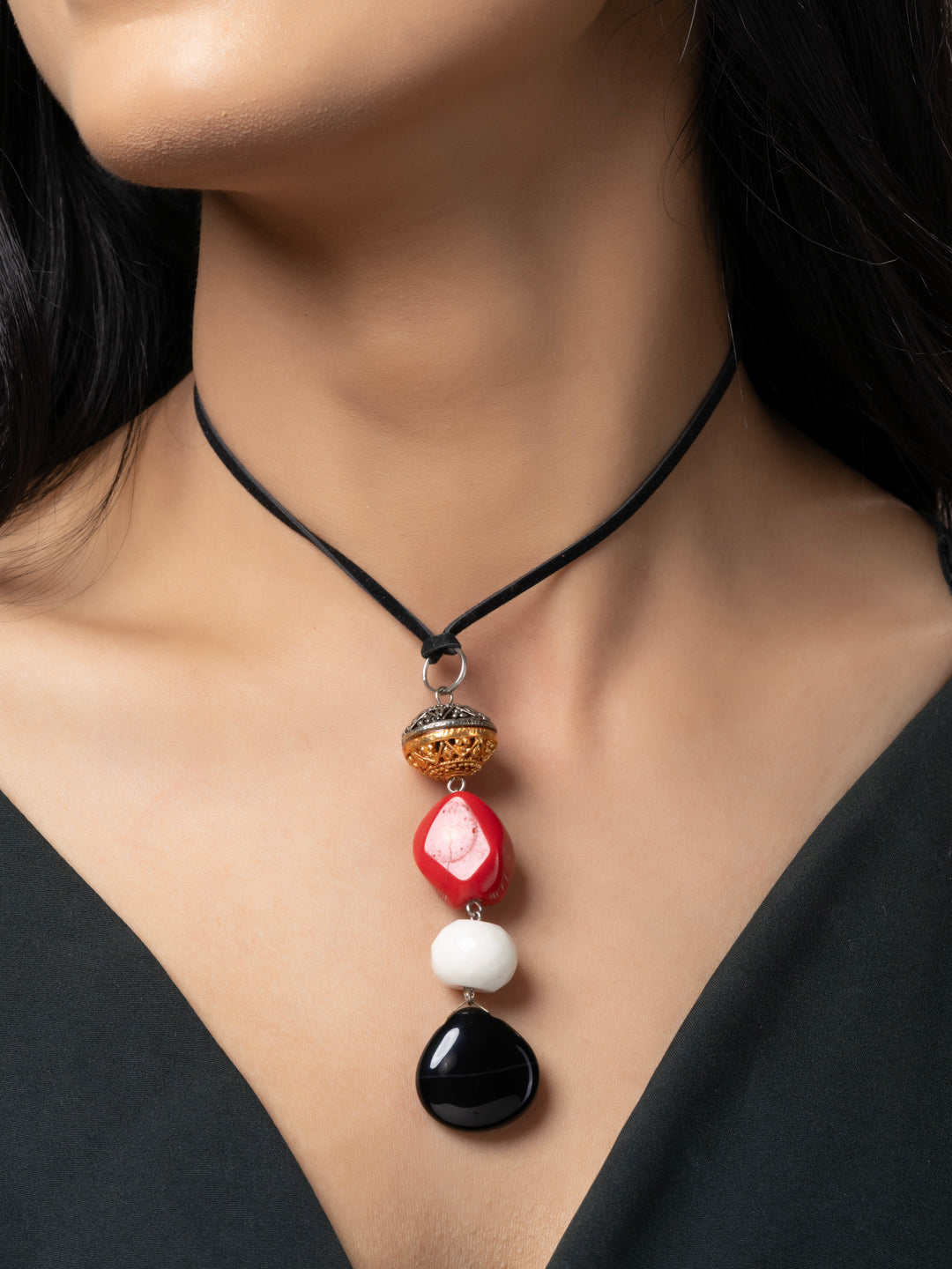 Semi Precious Black White Red Onyx Agate Coral Agate Duel tone Sleek necklace with adjustable Suede Cord LOOK AND ADORN - designed for you