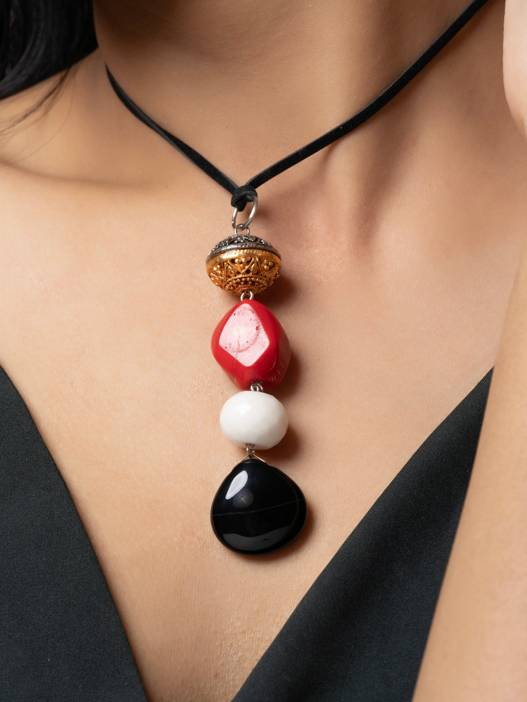 Semi Precious Black White Red Onyx Agate Coral Agate Duel tone Sleek necklace with adjustable Suede Cord LOOK AND ADORN - designed for you