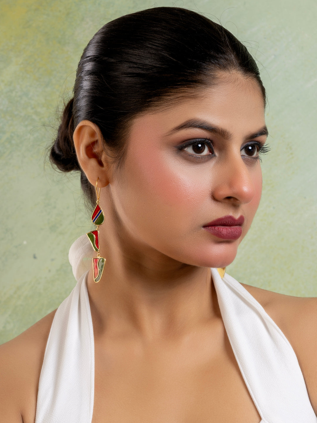 Red Green Abstract Meenakari Dangler Enamel Earring