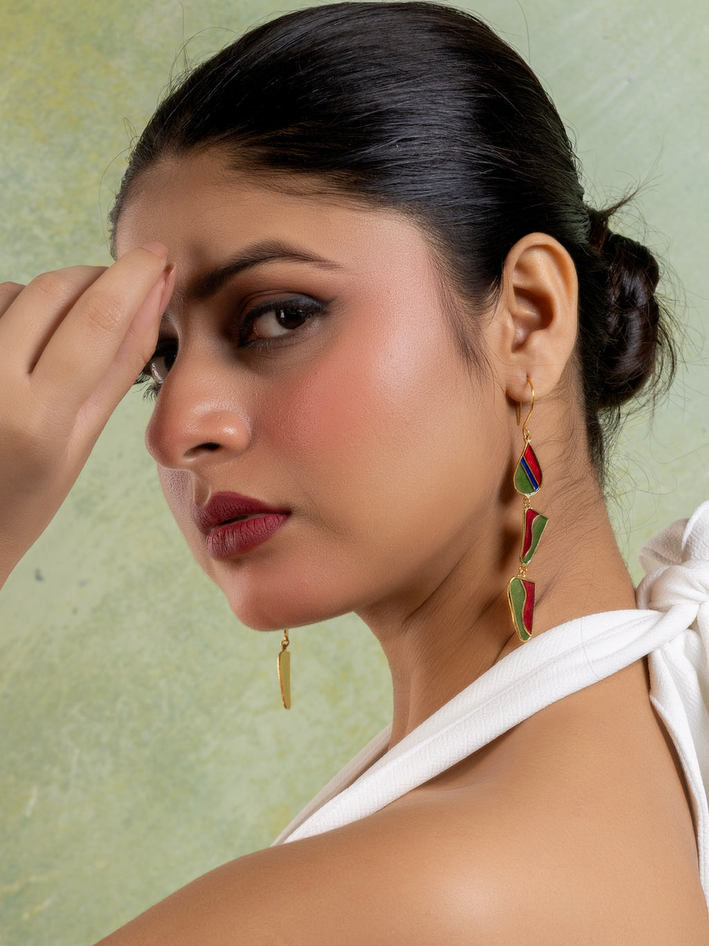 Red Green Abstract Meenakari Dangler Enamel Earring