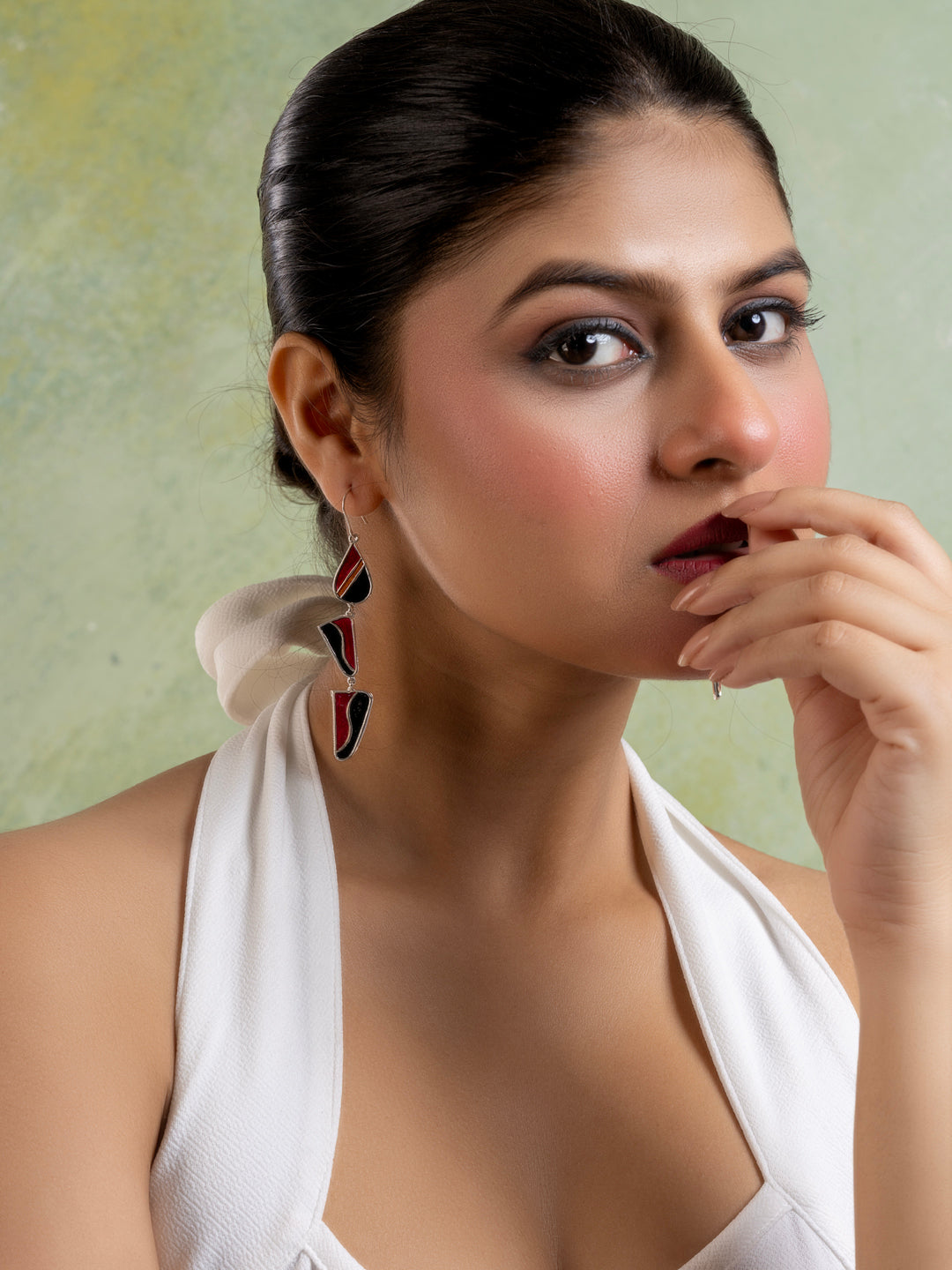 Red Black Abstract Meenakari Dangler Enamel Earring