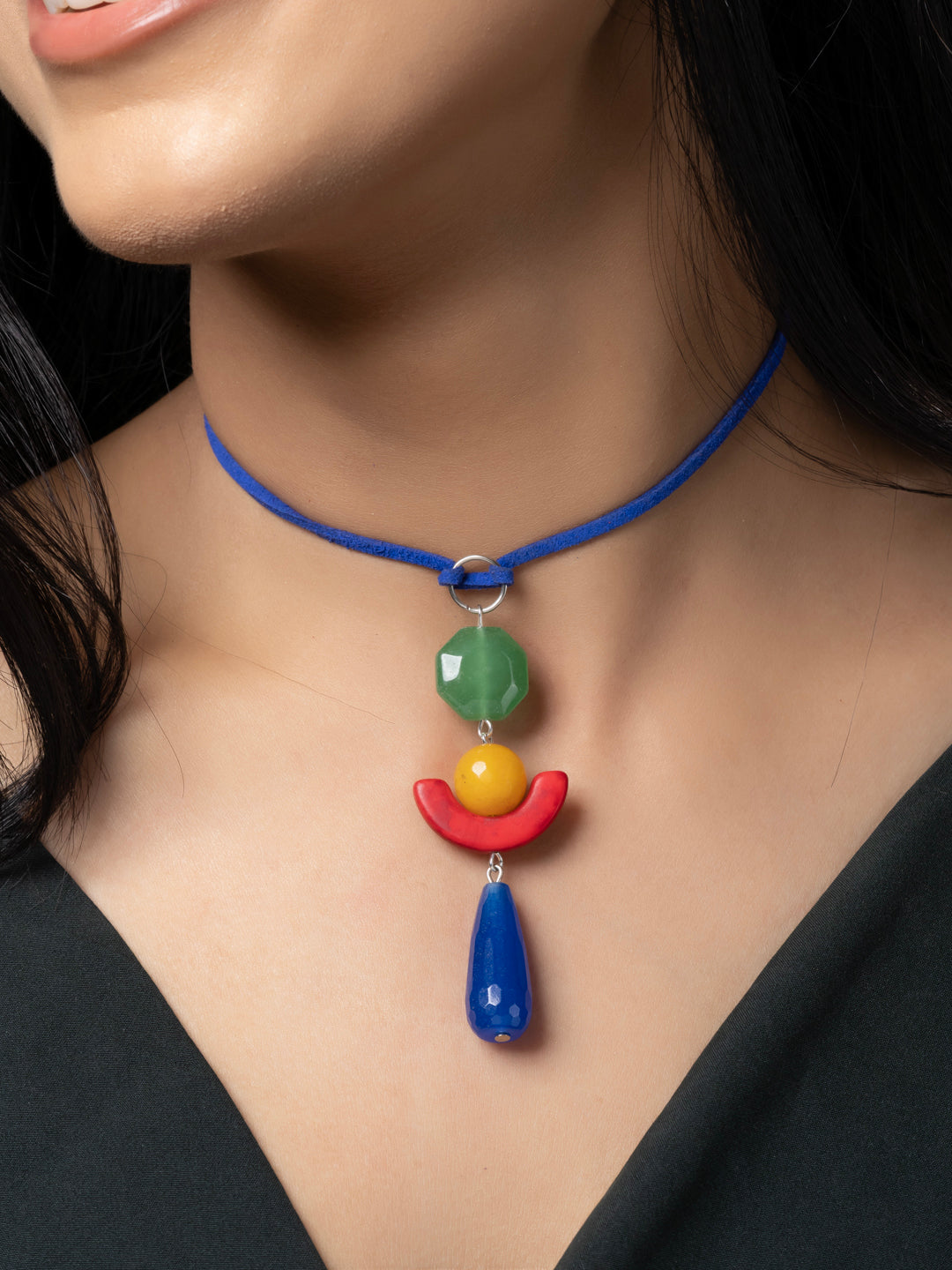 Semi Precious Green Yellow Red Blue Green Aventurine Onyx Howlite Agate Sleek necklace with adjustable Suede Cord LOOK AND ADORN - designed for you