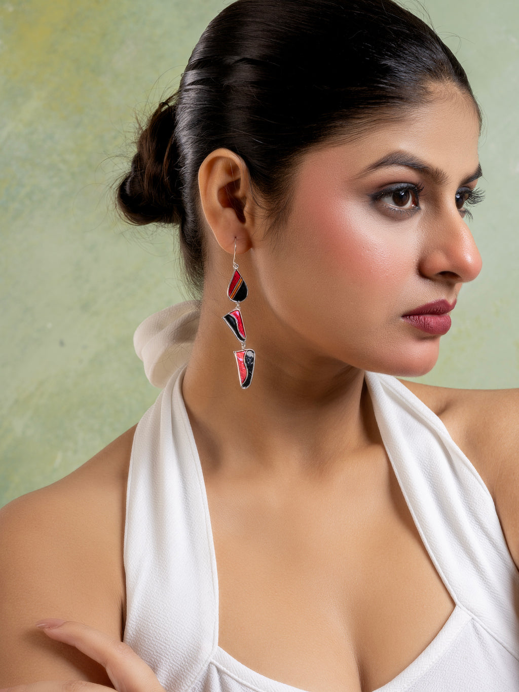 Red Black Abstract Meenakari Dangler Enamel Earring