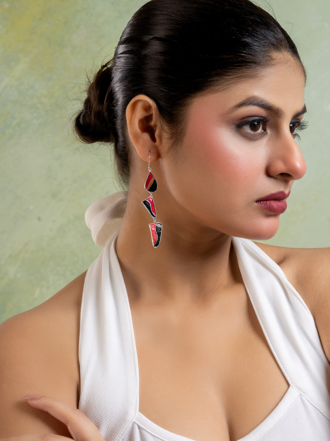 Red Black Abstract Meenakari Dangler Enamel Earring
