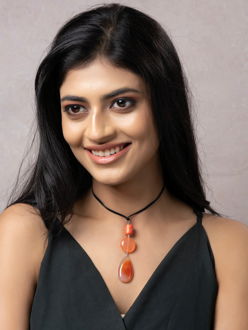 Semi Precious Orange Peach Rust Onyx Carnelian Agate Coral Sleek necklace with adjustable Suede Cord LOOK AND ADORN - designed for you