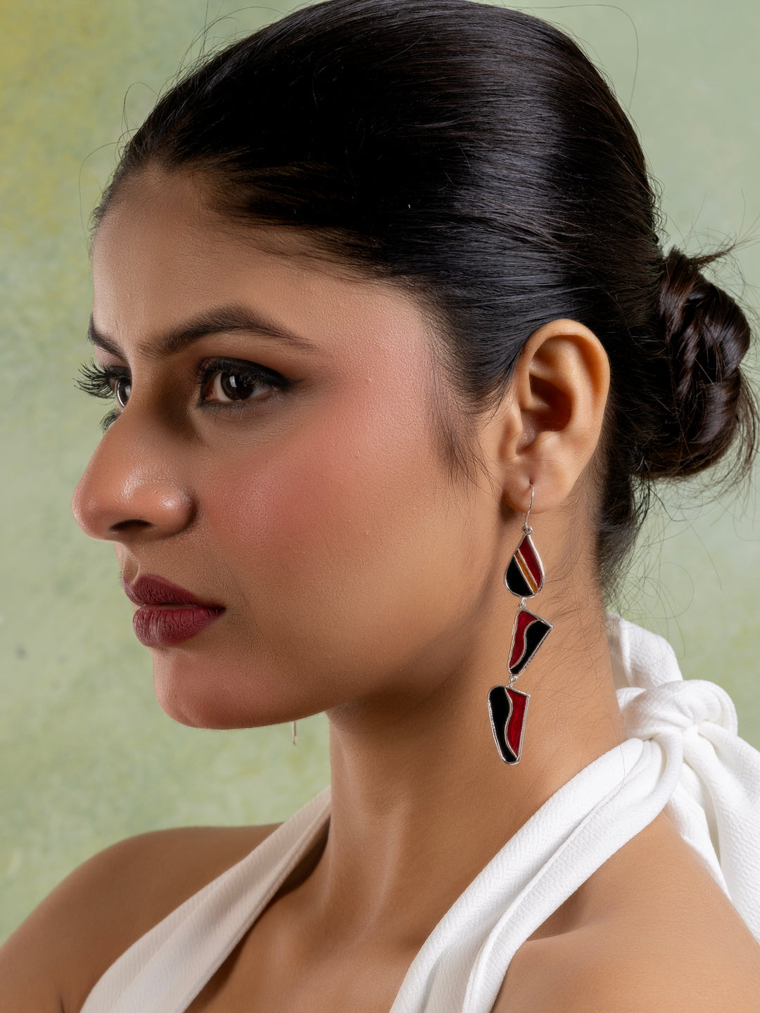 Red Black Abstract Meenakari Dangler Enamel Earring