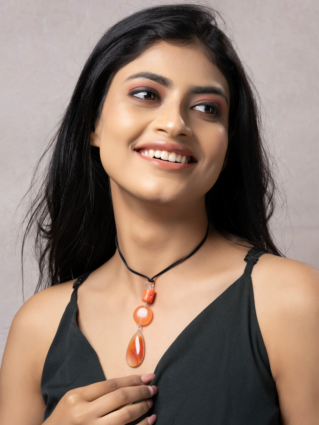 Semi Precious Orange Peach Rust Onyx Carnelian Agate Coral Sleek necklace with adjustable Suede Cord LOOK AND ADORN - designed for you