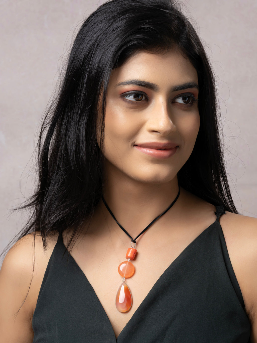 Semi Precious Orange Peach Rust Onyx Carnelian Agate Coral Sleek necklace with adjustable Suede Cord LOOK AND ADORN - designed for you