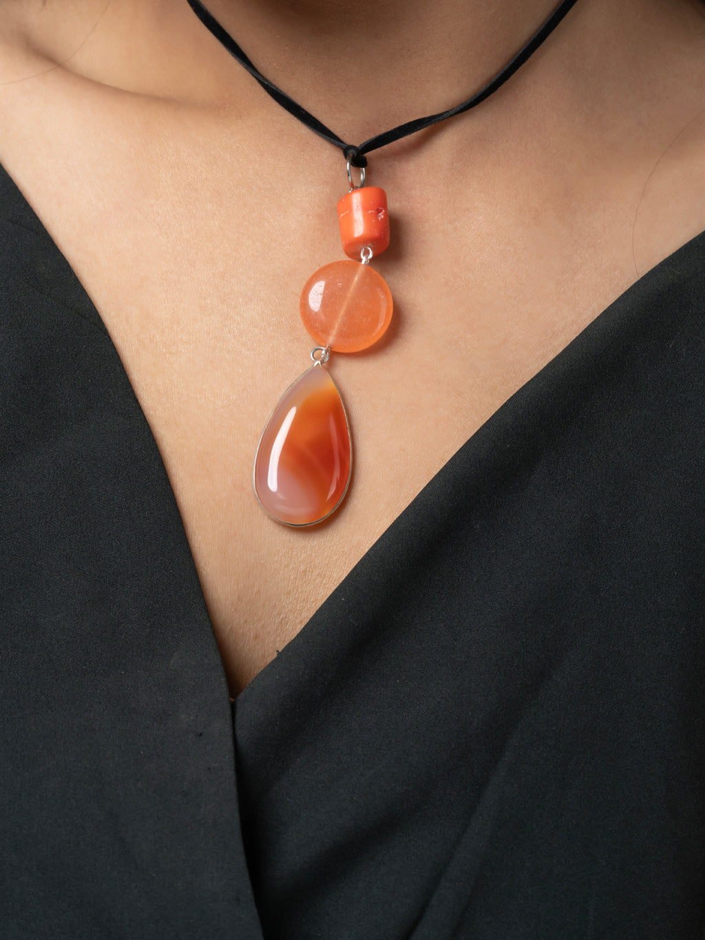 Semi Precious Orange Peach Rust Onyx Carnelian Agate Coral Sleek necklace with adjustable Suede Cord LOOK AND ADORN - designed for you