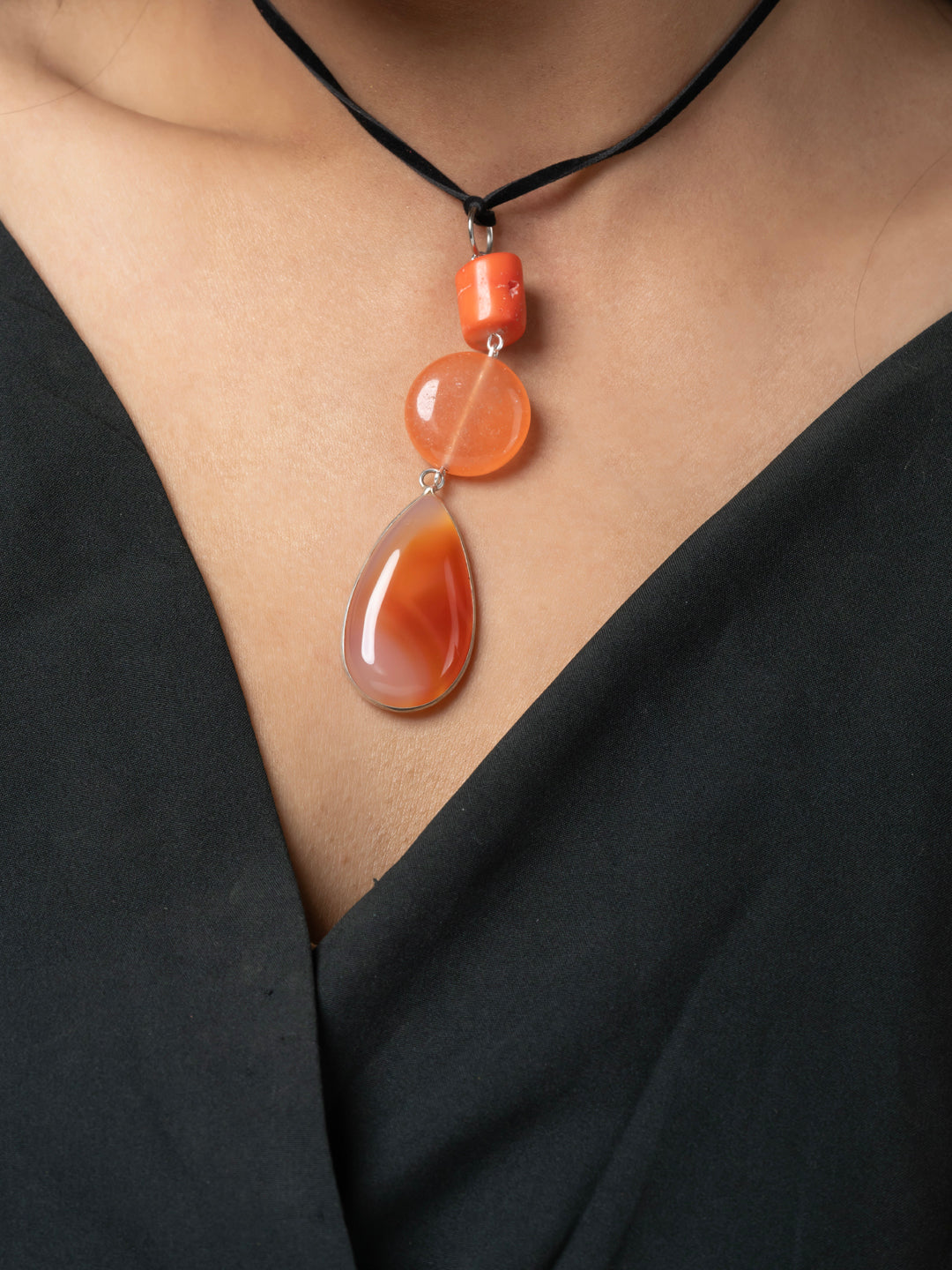 Semi Precious Orange Peach Rust Onyx Carnelian Agate Coral Sleek necklace with adjustable Suede Cord LOOK AND ADORN - designed for you