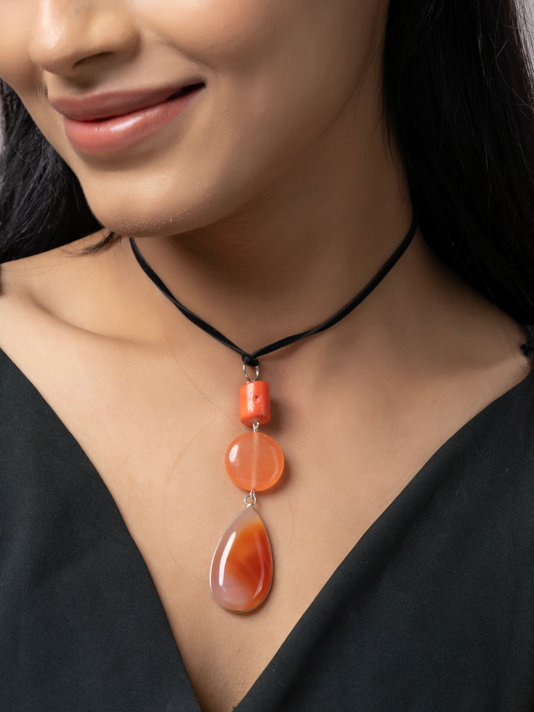 Semi Precious Orange Peach Rust Onyx Carnelian Agate Coral Sleek necklace with adjustable Suede Cord LOOK AND ADORN - designed for you