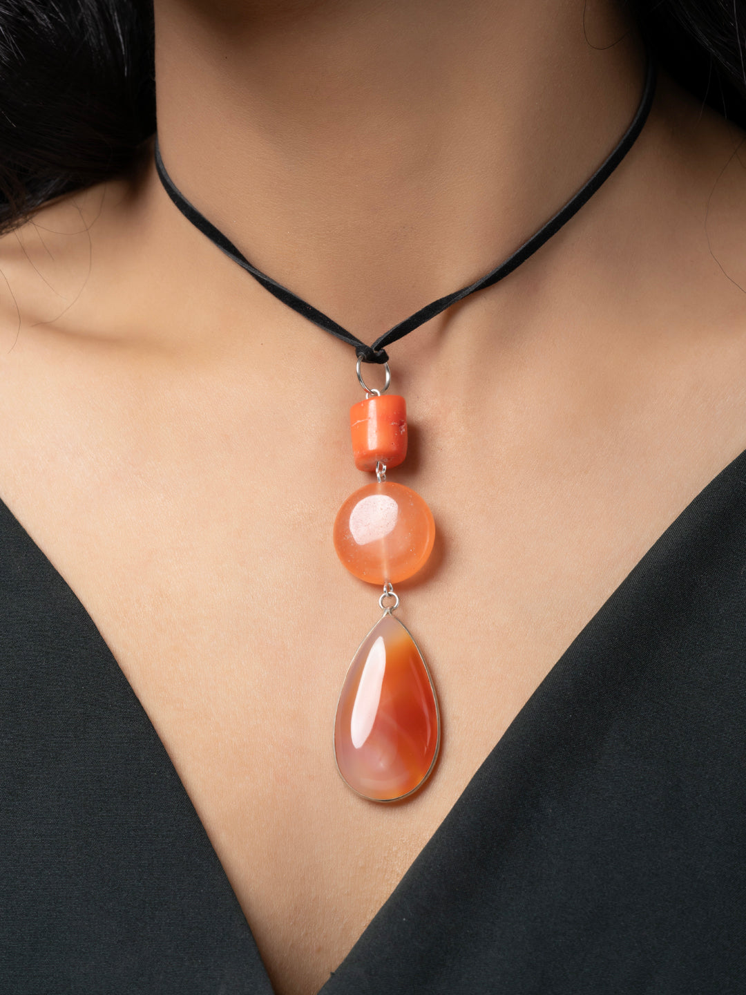 Semi Precious Orange Peach Rust Onyx Carnelian Agate Coral Sleek necklace with adjustable Suede Cord LOOK AND ADORN - designed for you