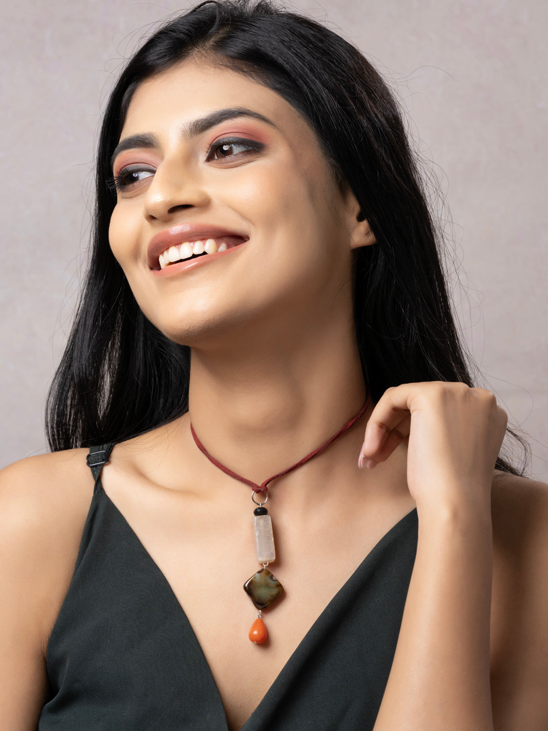 Semi Precious Black White Rust Onyx Agate Sleek Necklace with adjustable Suede Cord LOOK AND ADORN - designed for you