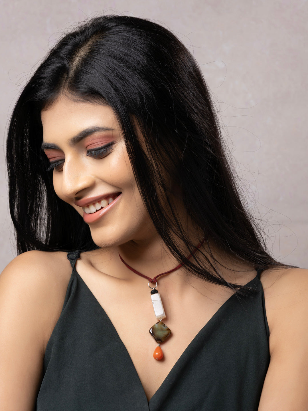 Semi Precious Black White Rust Onyx Agate Sleek Necklace with adjustable Suede Cord LOOK AND ADORN - designed for you