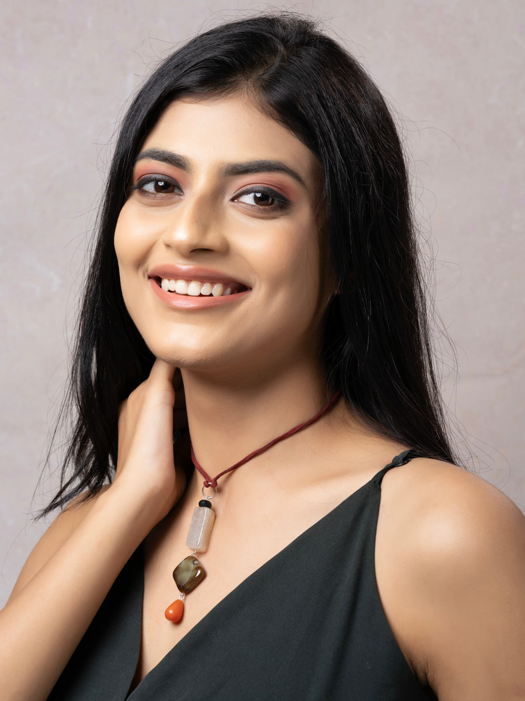 Semi Precious Black White Rust Onyx Agate Sleek Necklace with adjustable Suede Cord LOOK AND ADORN - designed for you