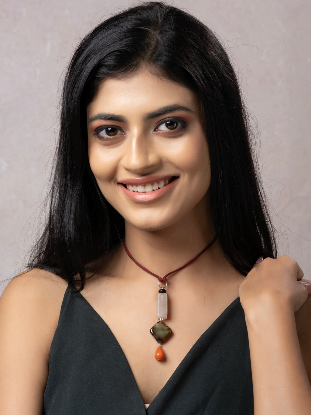 Semi Precious Black White Rust Onyx Agate Sleek Necklace with adjustable Suede Cord LOOK AND ADORN - designed for you
