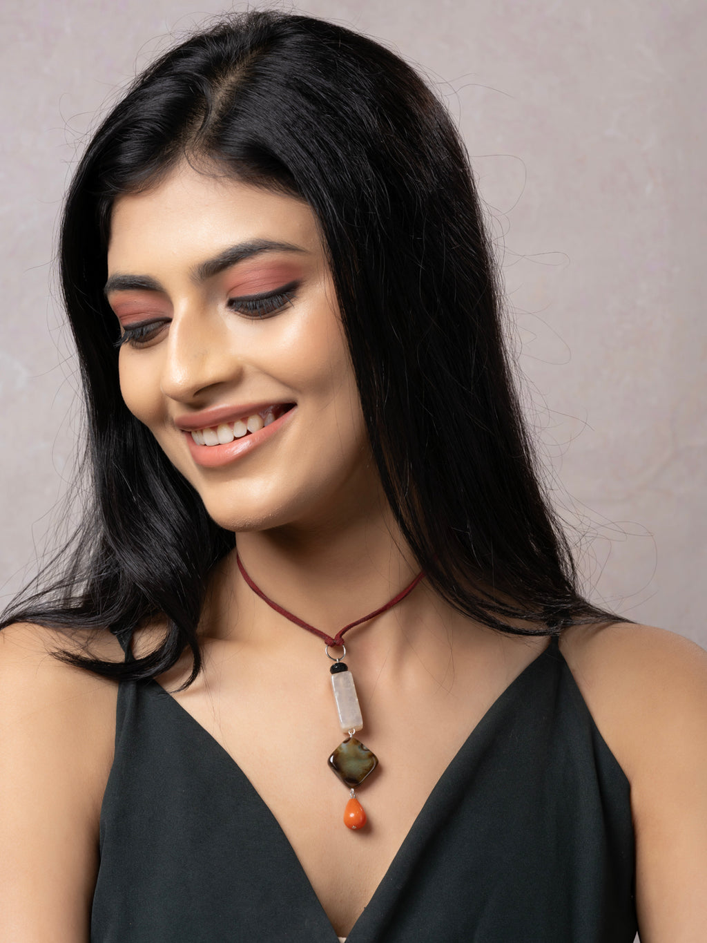 Semi Precious Black White Rust Onyx Agate Sleek Necklace with adjustable Suede Cord LOOK AND ADORN - designed for you