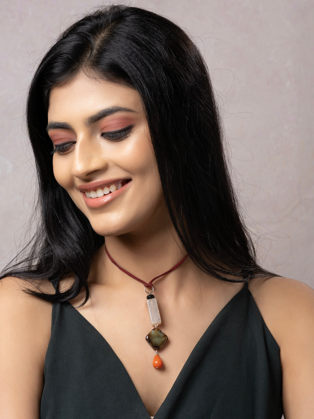 Semi Precious Black White Rust Onyx Agate Sleek Necklace with adjustable Suede Cord LOOK AND ADORN - designed for you